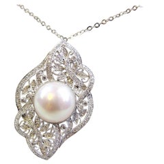 Vintage Mabe Pearl and Diamond Pendant Necklace / Brooch in 18 Karat White Gold