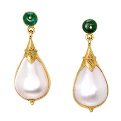 Vintage Mabe Pearl and Emerald Pendant Drop Earrings