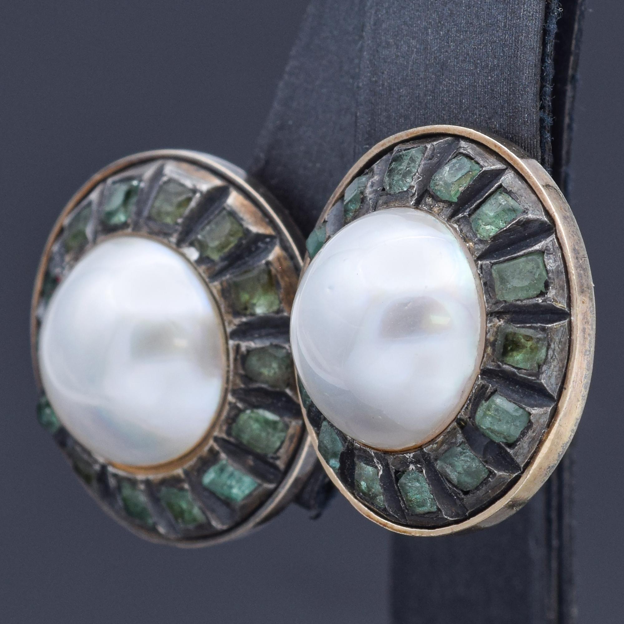 Women's Vintage Mabe Pearl and Emerald Yellow Gold Clip-On Earrings