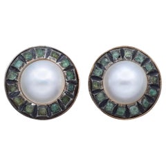 Vintage Mabe Pearl and Emerald Yellow Gold Clip-On Earrings