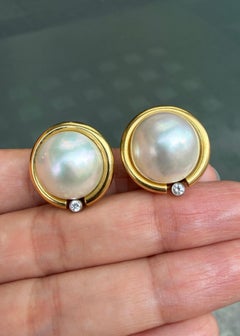 Vintage Mabe Pearl & Diamond 18 Carat Yellow Gold Lever-Back Earrings, c.1980s