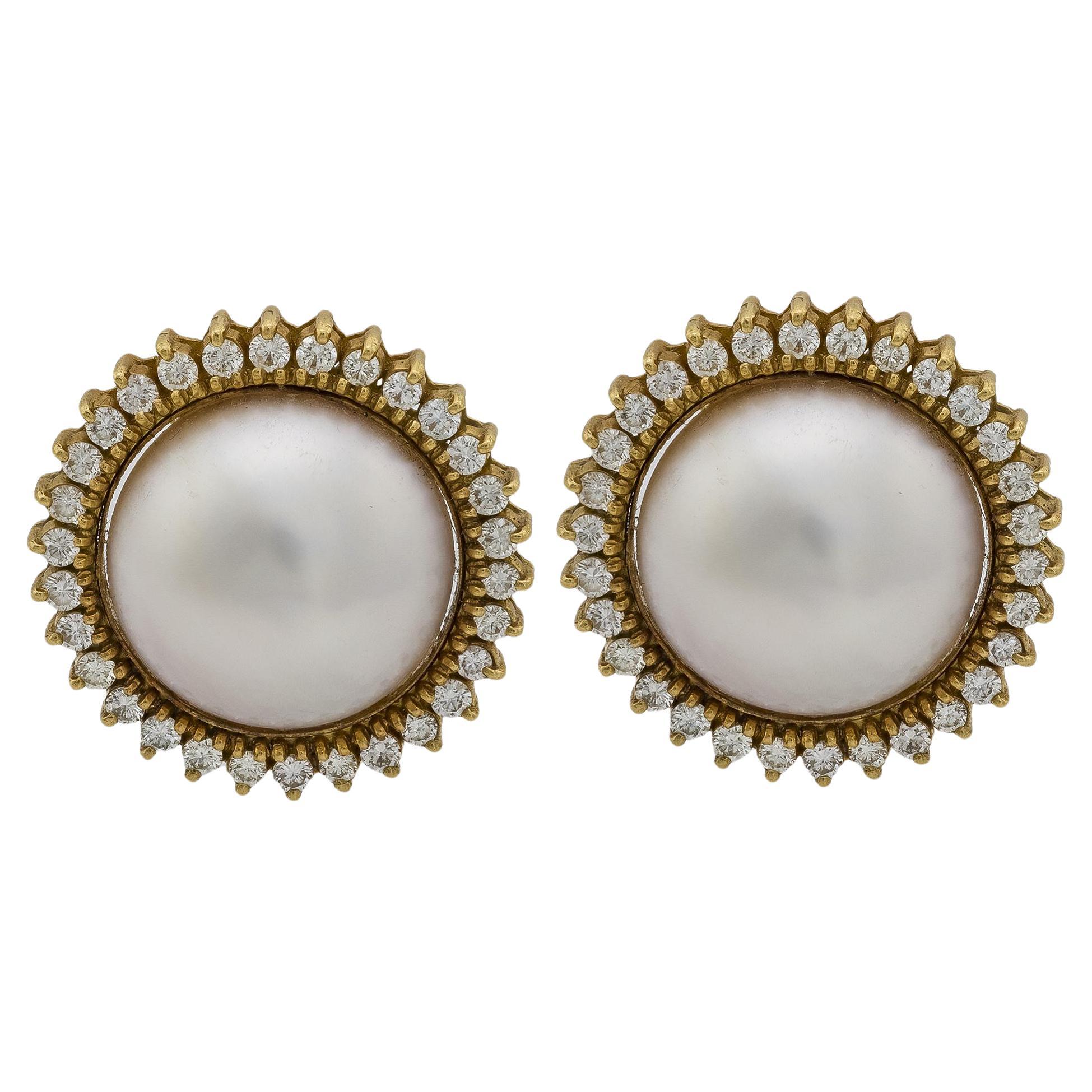 Pendientes en racimo vintage Mabé perla diamante oro amarillo 18k