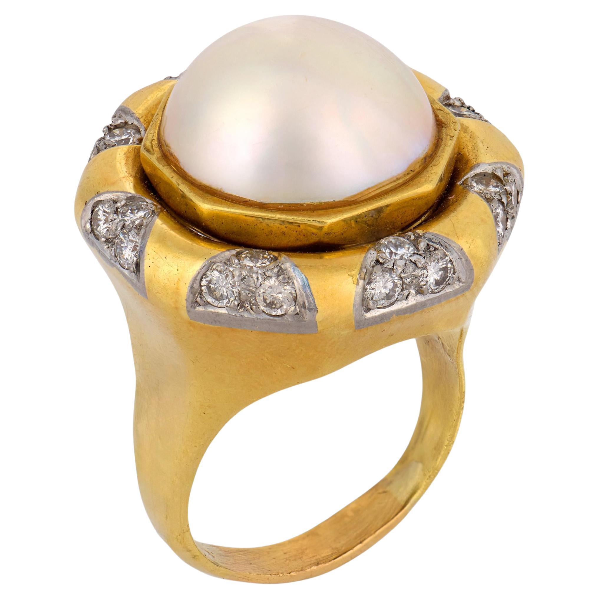 Bague Vintage Mabé perle diamant or jaune 18k