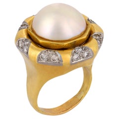Bague Vintage Mabé perle diamant or jaune 18k