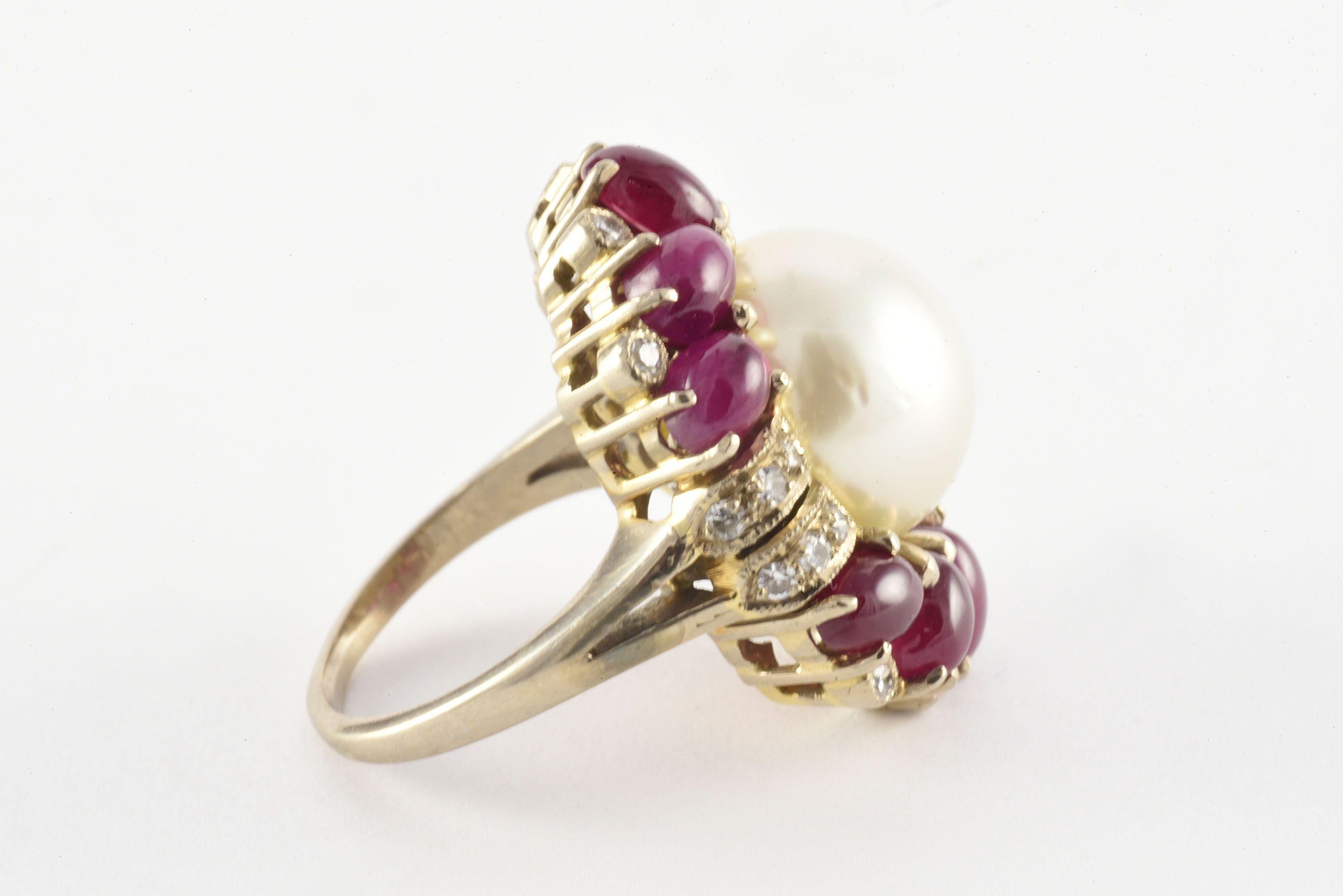 Retro Vintage Mabe Pearl Diamond and Ruby Cocktail Ring For Sale