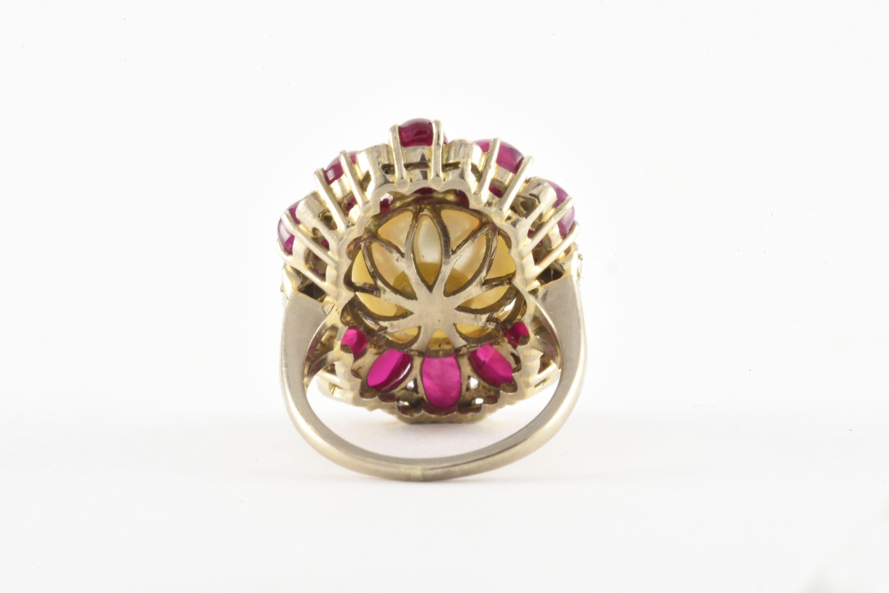 Vintage Mabe Pearl Diamond and Ruby Cocktail Ring In Good Condition For Sale In Denver, CO