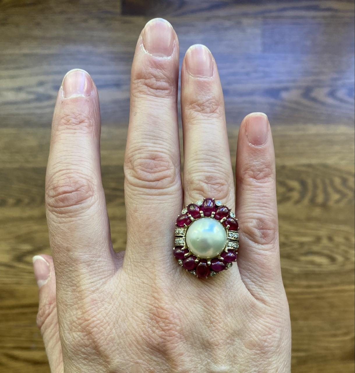 Women's Vintage Mabe Pearl Diamond and Ruby Cocktail Ring For Sale
