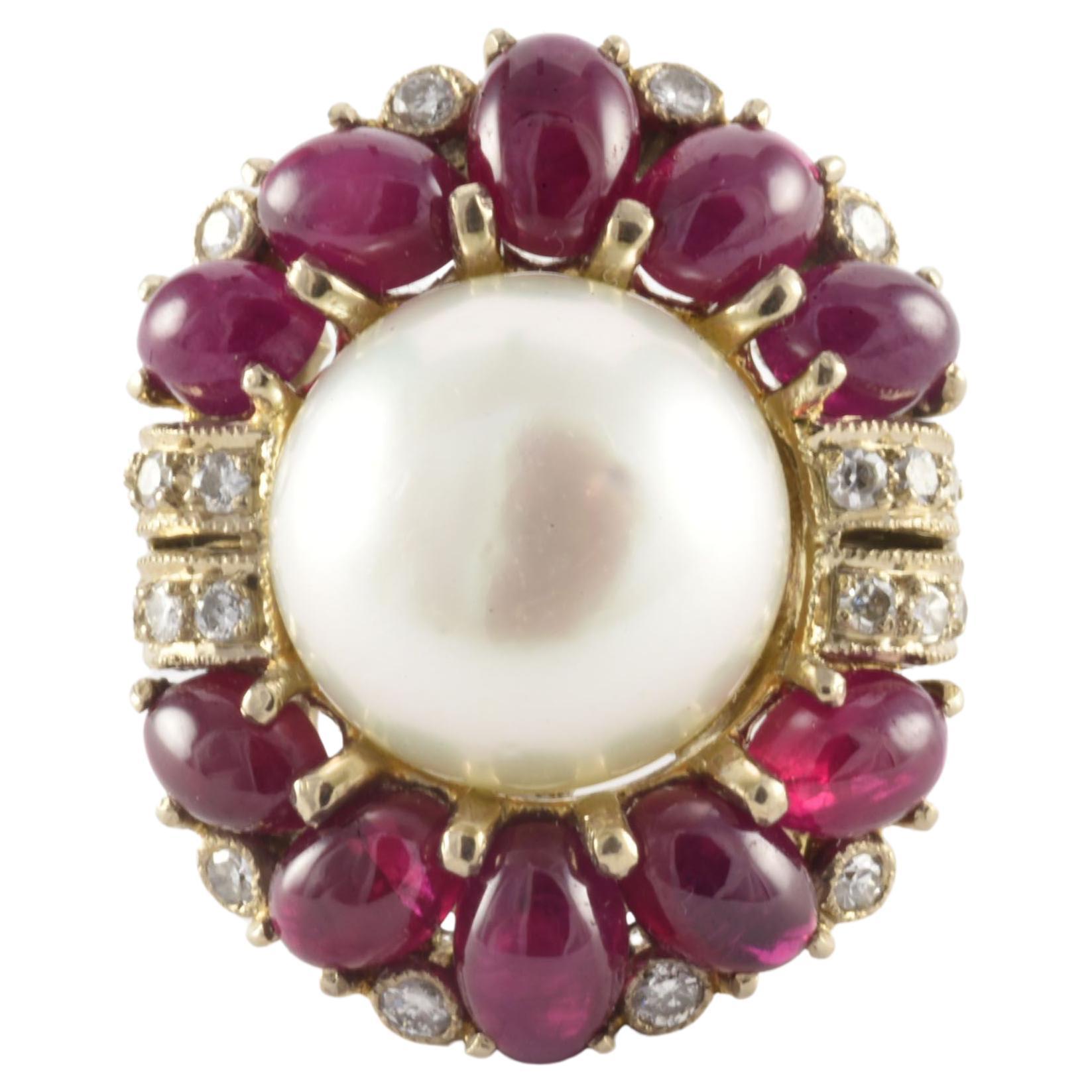 Vintage Mabe Pearl Diamond and Ruby Cocktail Ring For Sale