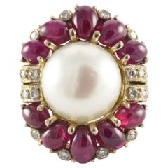 Vintage Mabe Pearl Diamond and Ruby Cocktail Ring
