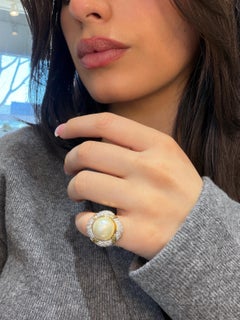 Vintage Mabe Pearl Diamond Cocktail Ring 14K Gold 12.4mm Statement Halo Ring
