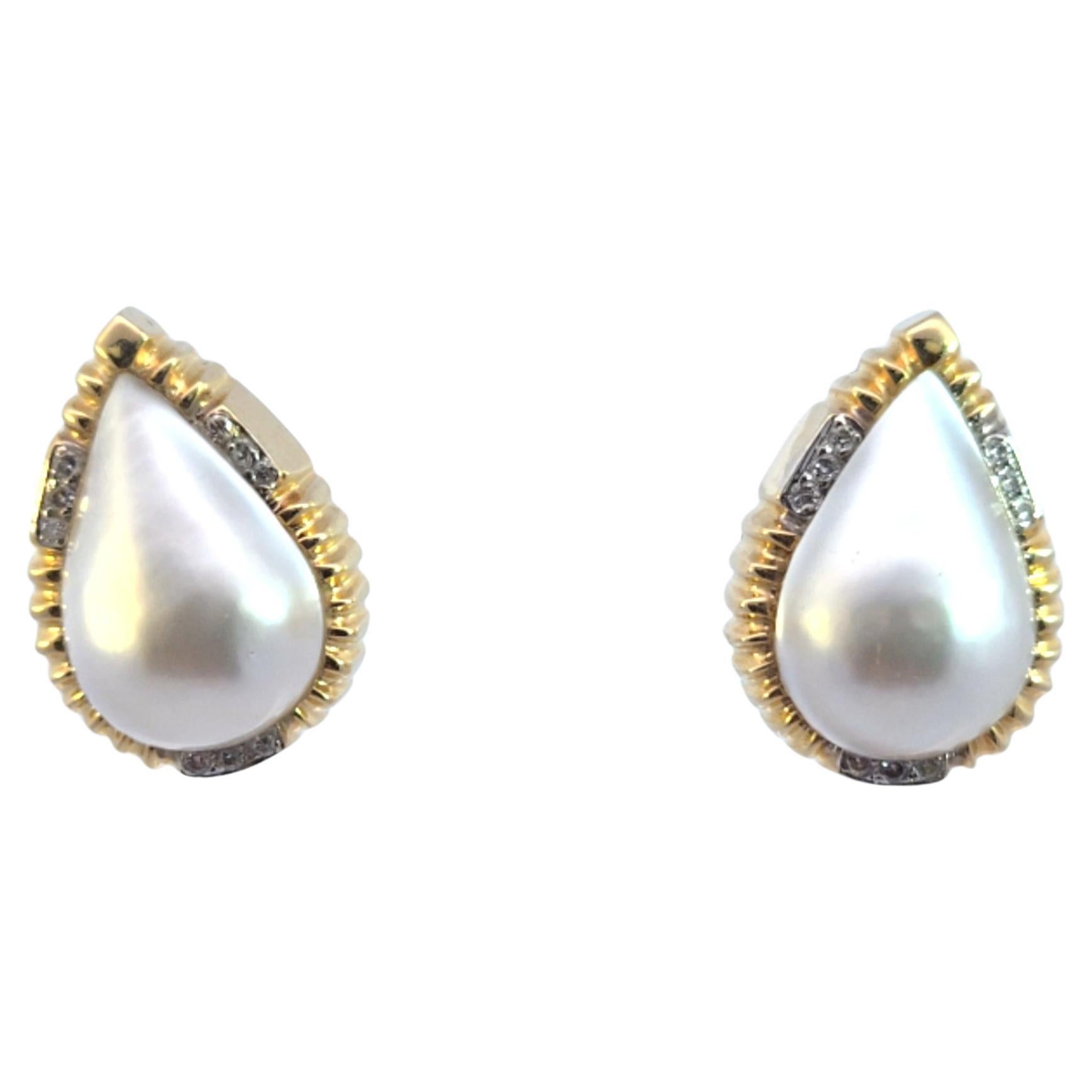 Vintage Mabe' Pearl Diamond Earrings in 14 Karat Yellow Gold