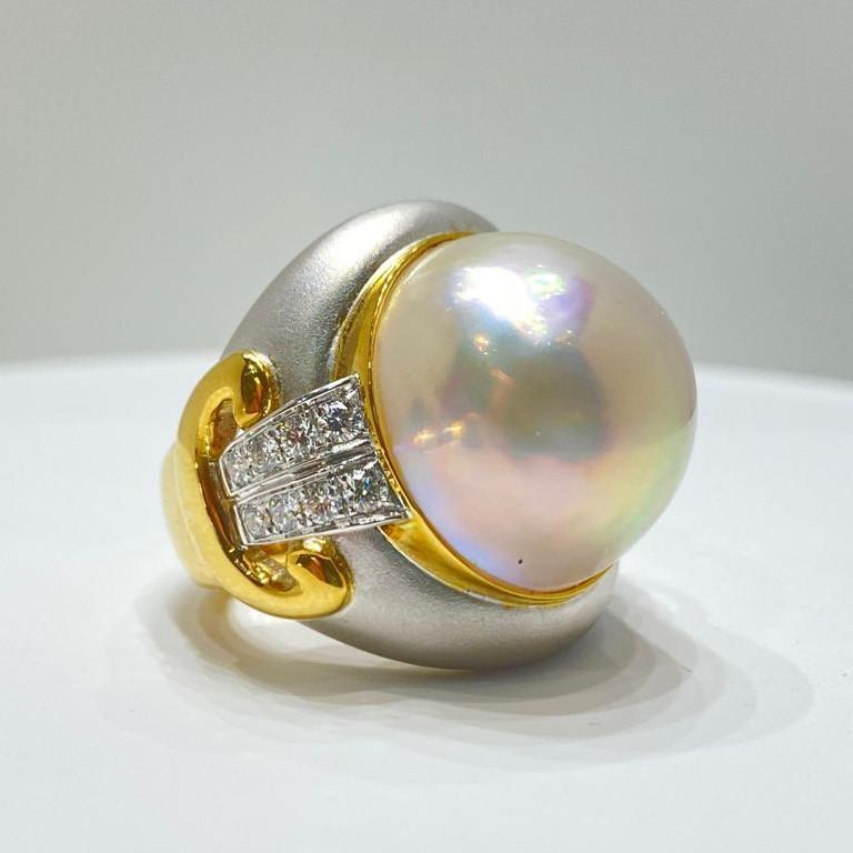 Women's or Men's Vintage Mabe Pearl Diamond Rings and Earrings set in 18 Karat Matte Gold