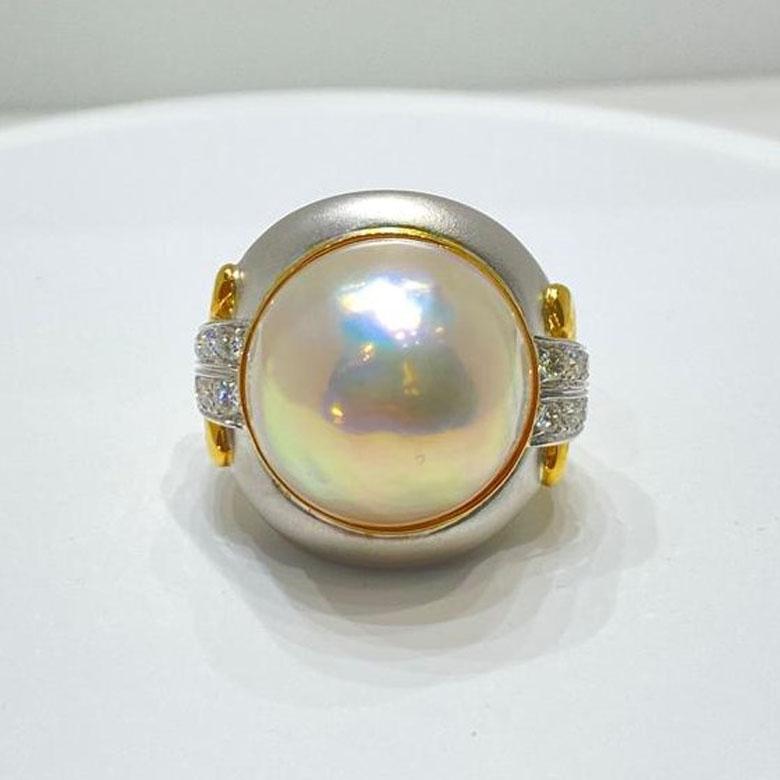 Vintage Mabe Pearl Diamond Rings and Earrings set in 18 Karat Matte Gold 1