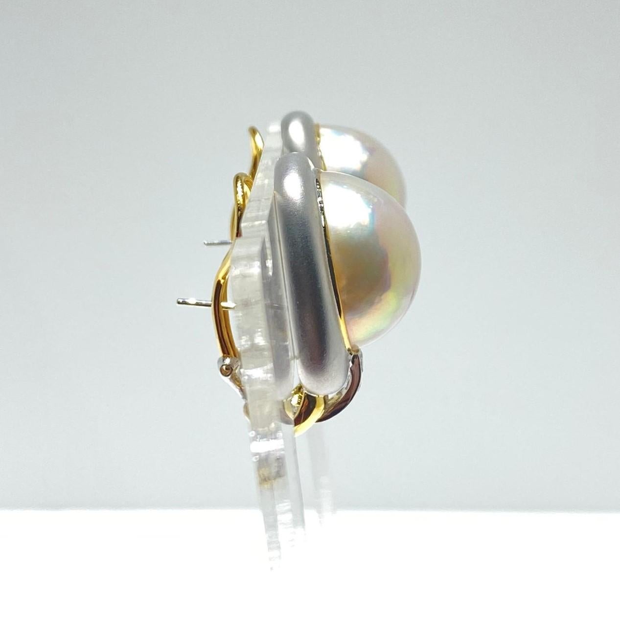 Vintage Mabe Pearl Diamond Rings and Earrings set in 18 Karat Matte Gold 3