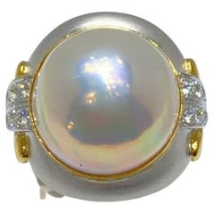 Vintage Mabe Pearl Diamond Rings and Earrings set in 18 Karat Matte Gold