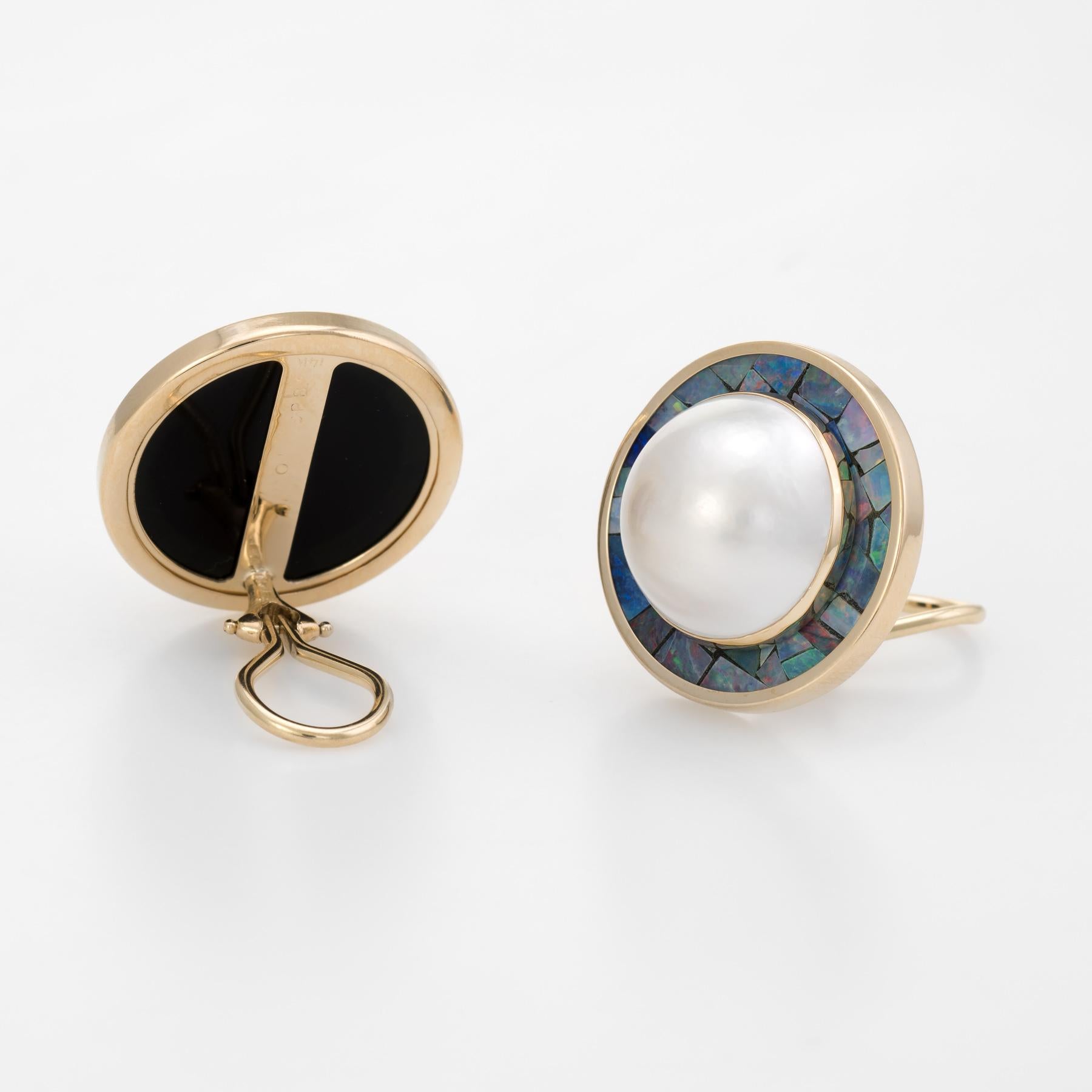 Modern Vintage Mabe Pearl Earrings Inlaid Opal Round 14 Karat Gold Estate Jewelry