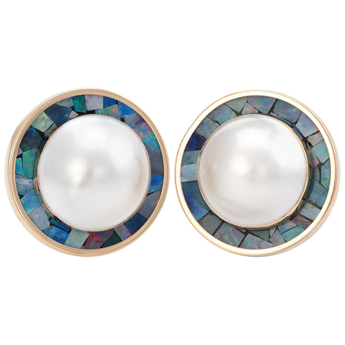 Vintage Mabe Pearl Earrings Inlaid Opal Round 14 Karat Gold Estate Jewelry