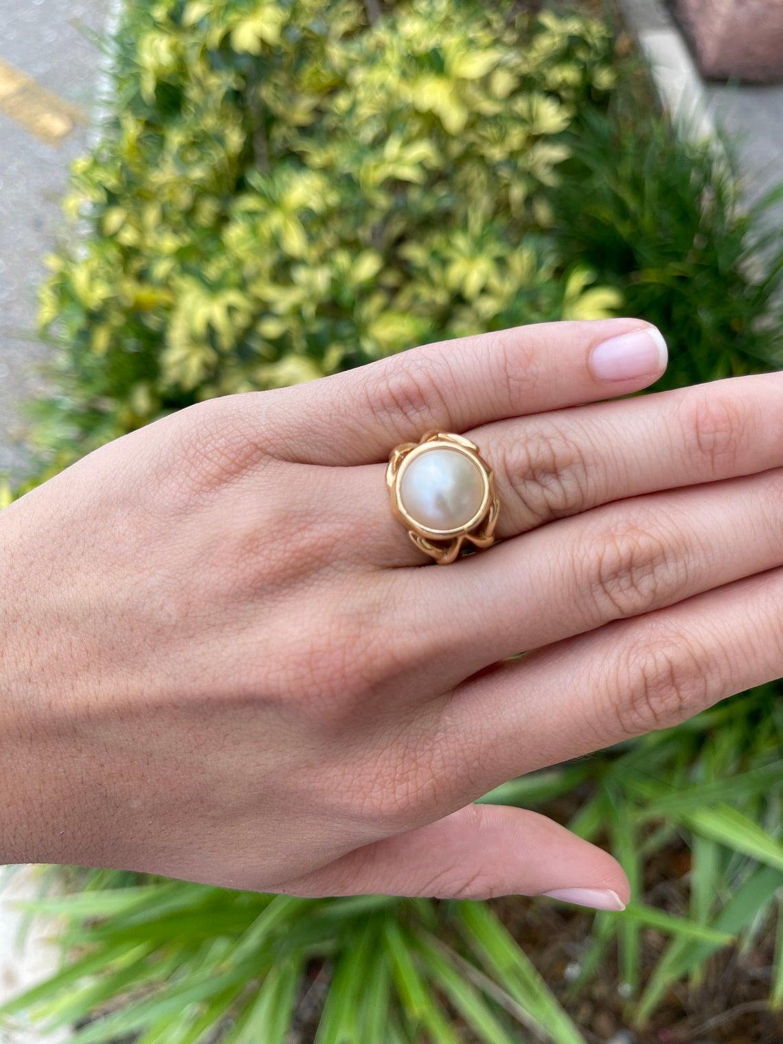 Vintage Mabe Perle & Gold Ring 14K (Rundschliff) im Angebot