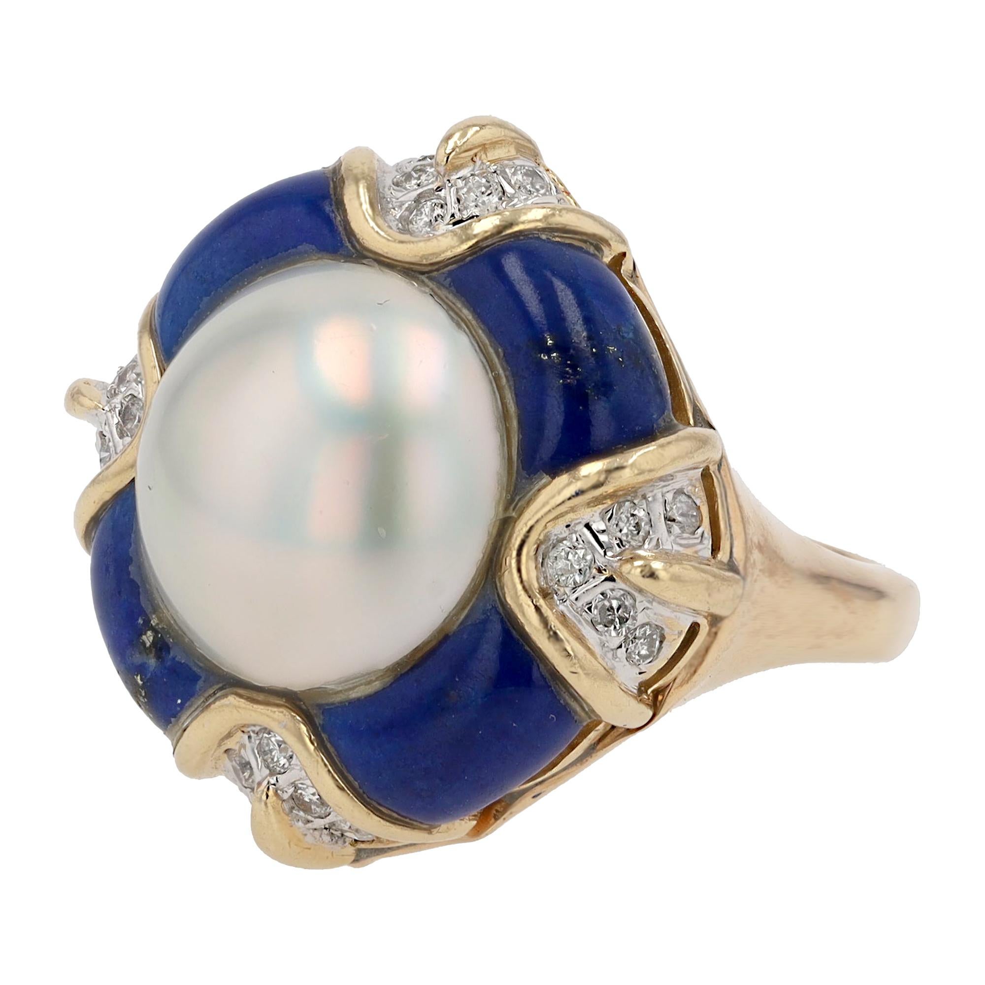 Contemporary Vintage Mabè Pearl Lapis & Diamond 14k Gold Cocktail Ring For Sale