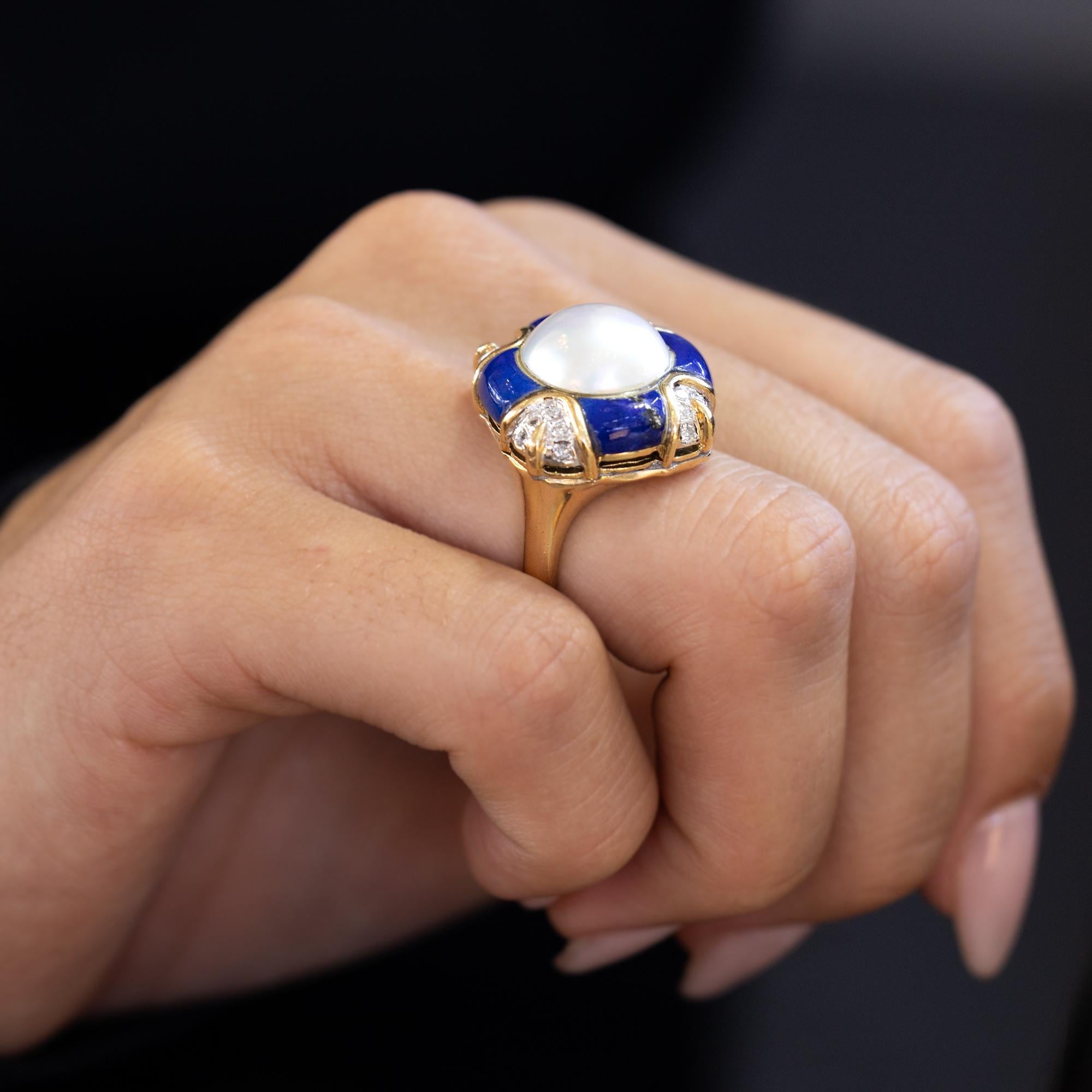 Cabochon Vintage Mabè Pearl Lapis & Diamond 14k Gold Cocktail Ring For Sale
