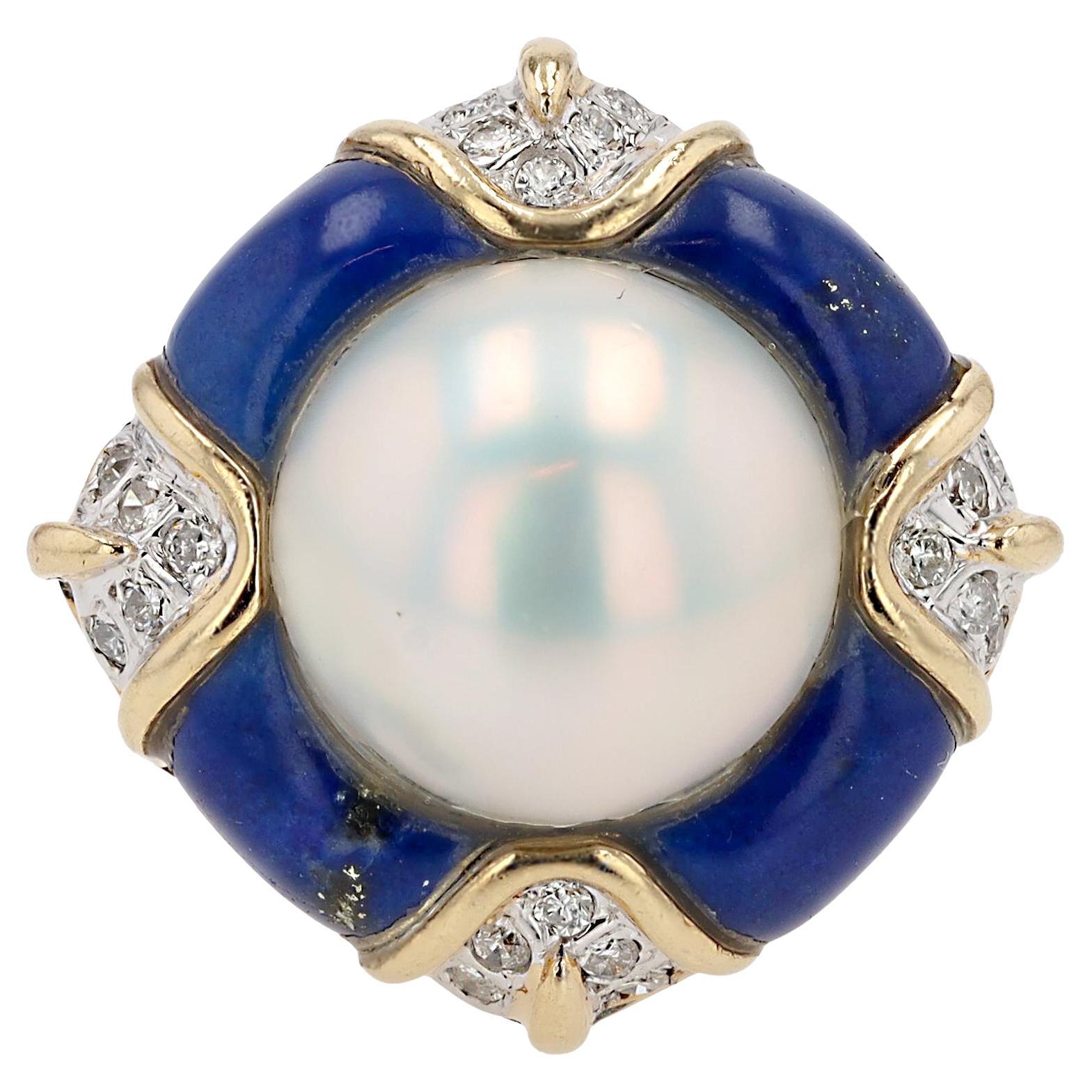 Vintage Mabè Pearl Lapis & Diamond 14k Gold Cocktail Ring For Sale