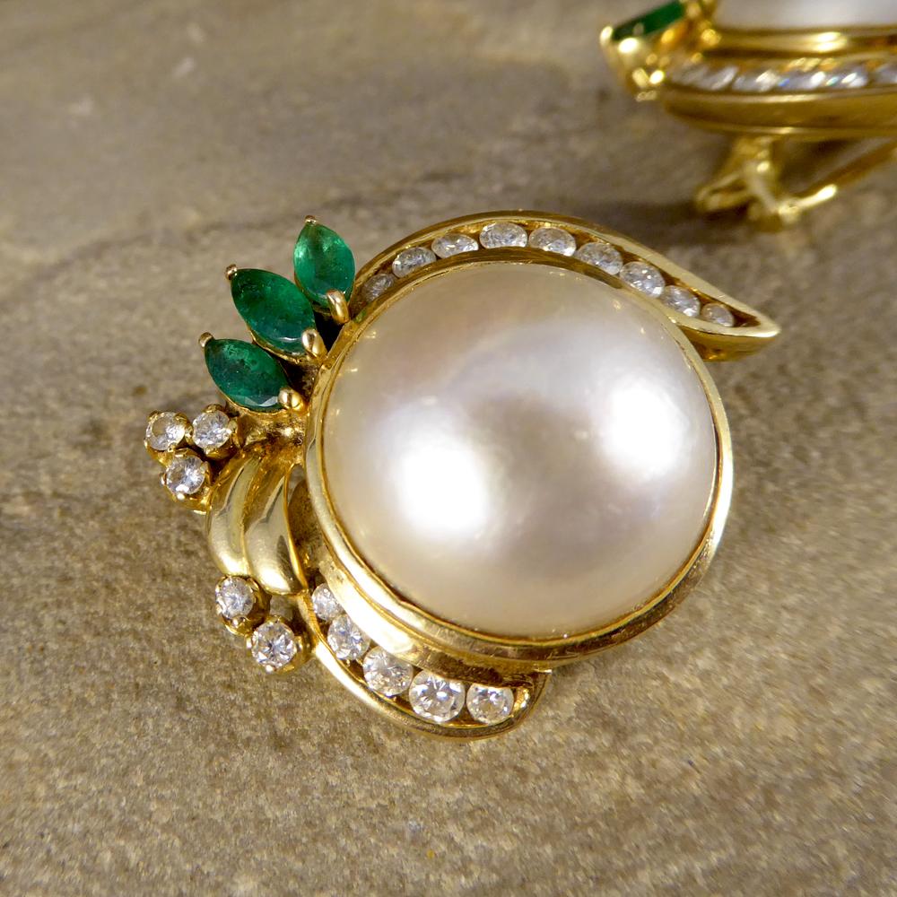 Vintage Mabe Pearl Lever Back Earrings with Emerald and Diamonds in 18ct Gold 4