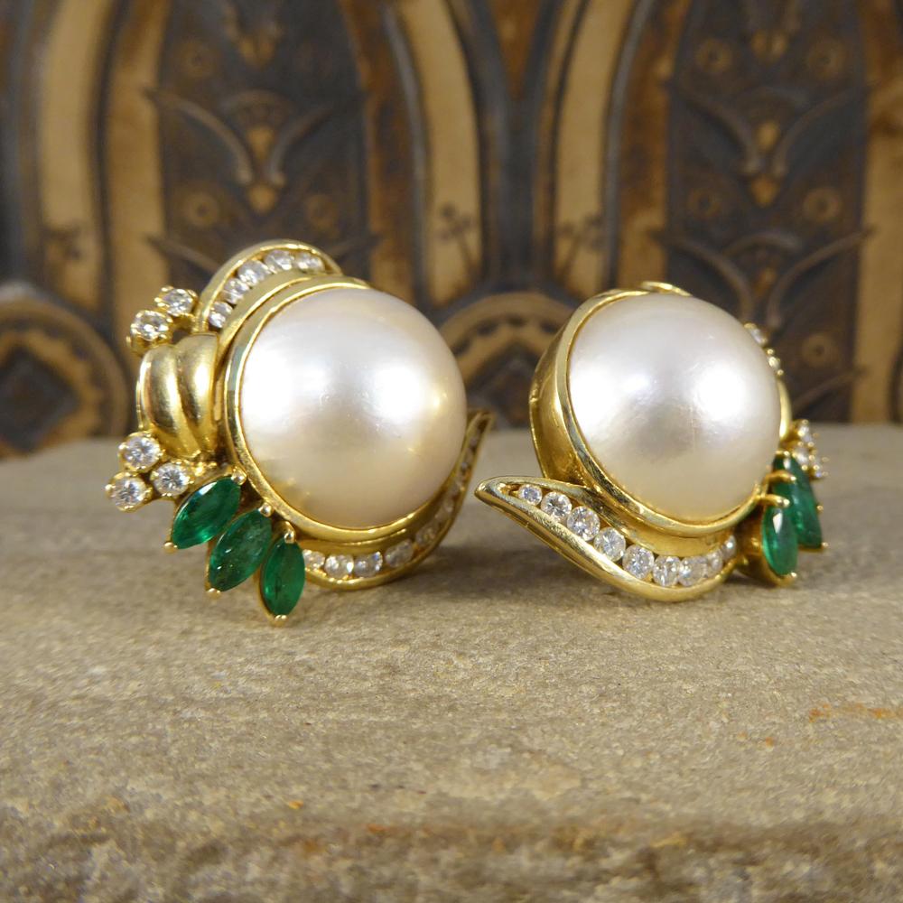 Contemporary Vintage Mabe Pearl Lever Back Earrings with Emerald and Diamonds in 18ct Gold