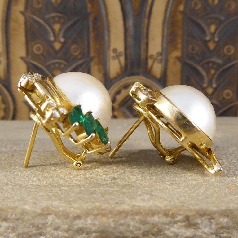 Vintage Mabe Pearl Lever Back Earrings with Emerald and Diamonds in