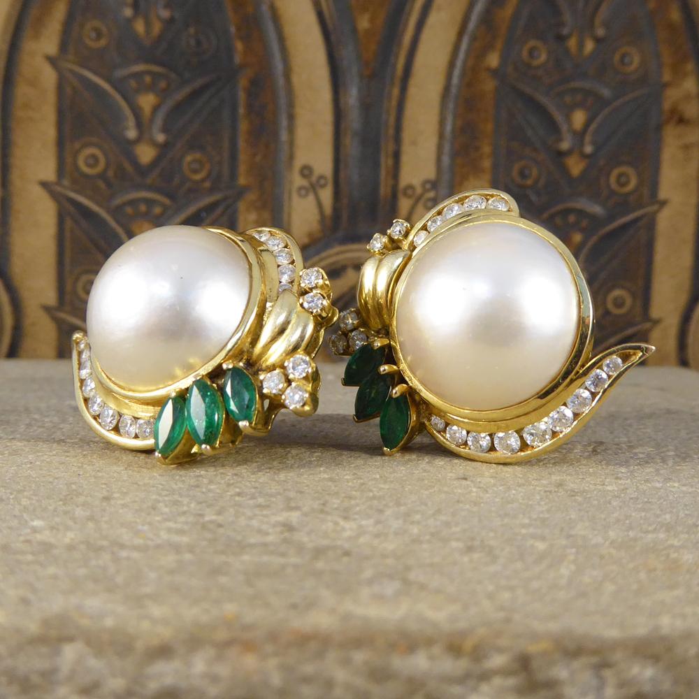 Women's or Men's Vintage Mabe Pearl Lever Back Earrings with Emerald and Diamonds in 18ct Gold
