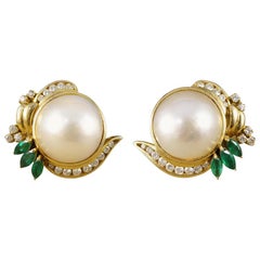 Vintage Mabe Pearl Lever Back Earrings with Emerald and Diamonds in 18ct Gold