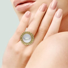 Bague Vintage Mabe Pearl Ornate Filigree Halo 14K