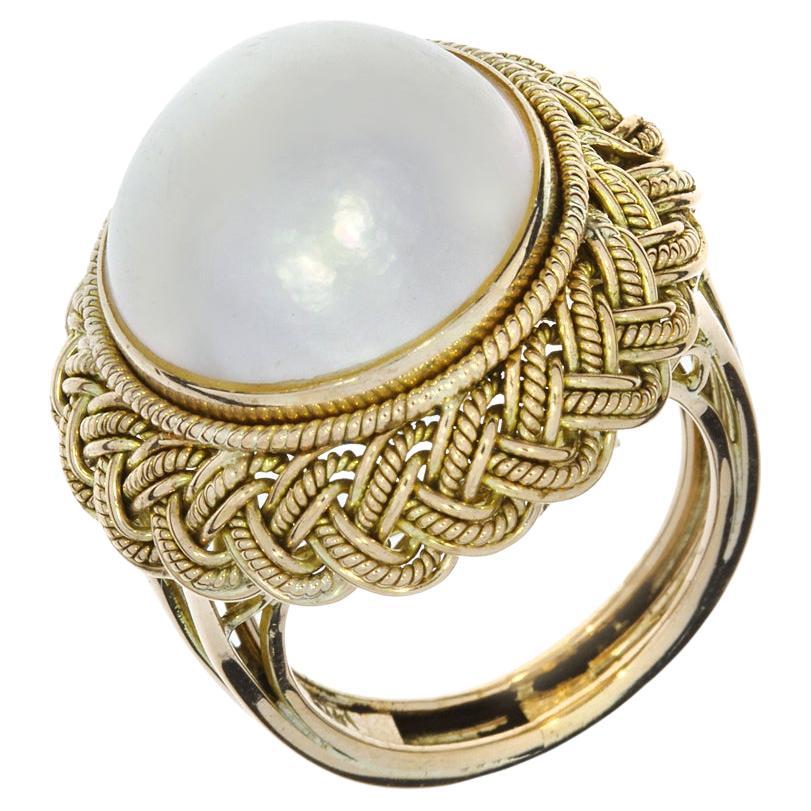 Vintage Mabe Pearl Ornate Filigree Halo 14K Ring For Sale