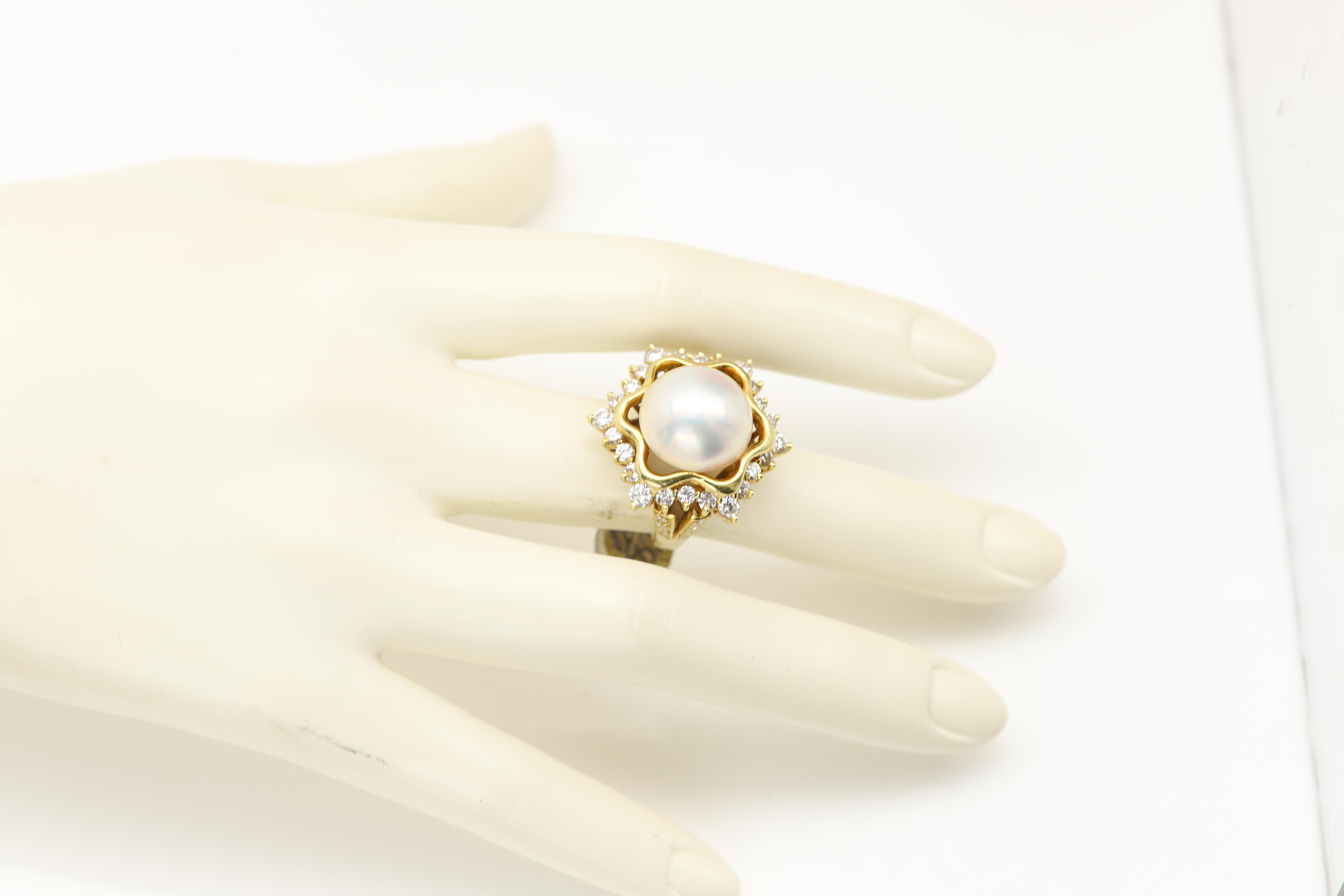Vintage Mabe Pearl Ring Natural Diamonds Star of David 18 Karat Yellow Gold For Sale 5