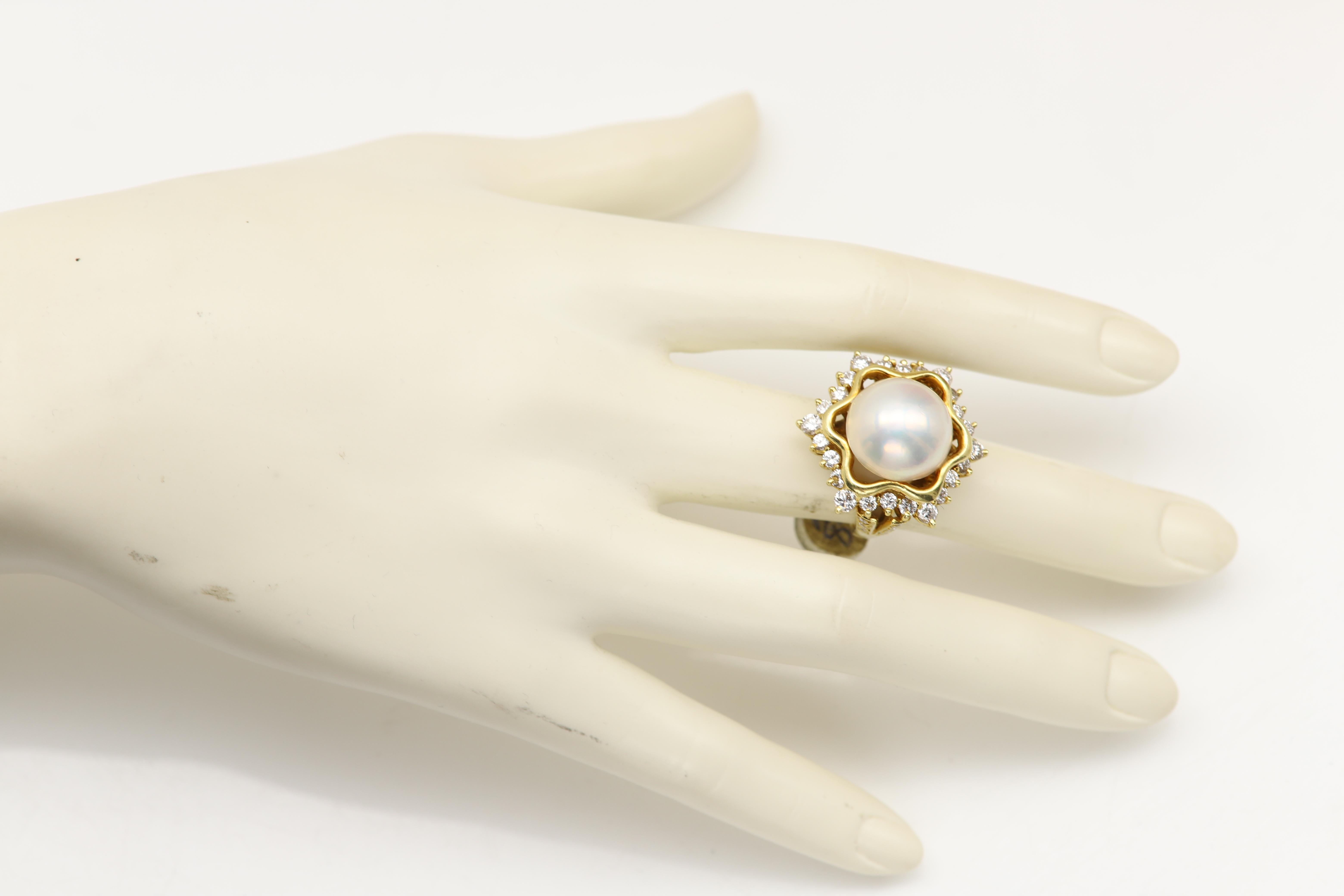 Vintage Mabe Pearl Ring Natural Diamonds Star of David 18 Karat Yellow Gold For Sale 6