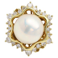 Vintage Mabe Pearl Ring Natural Diamonds Star of David 18 Karat Yellow Gold