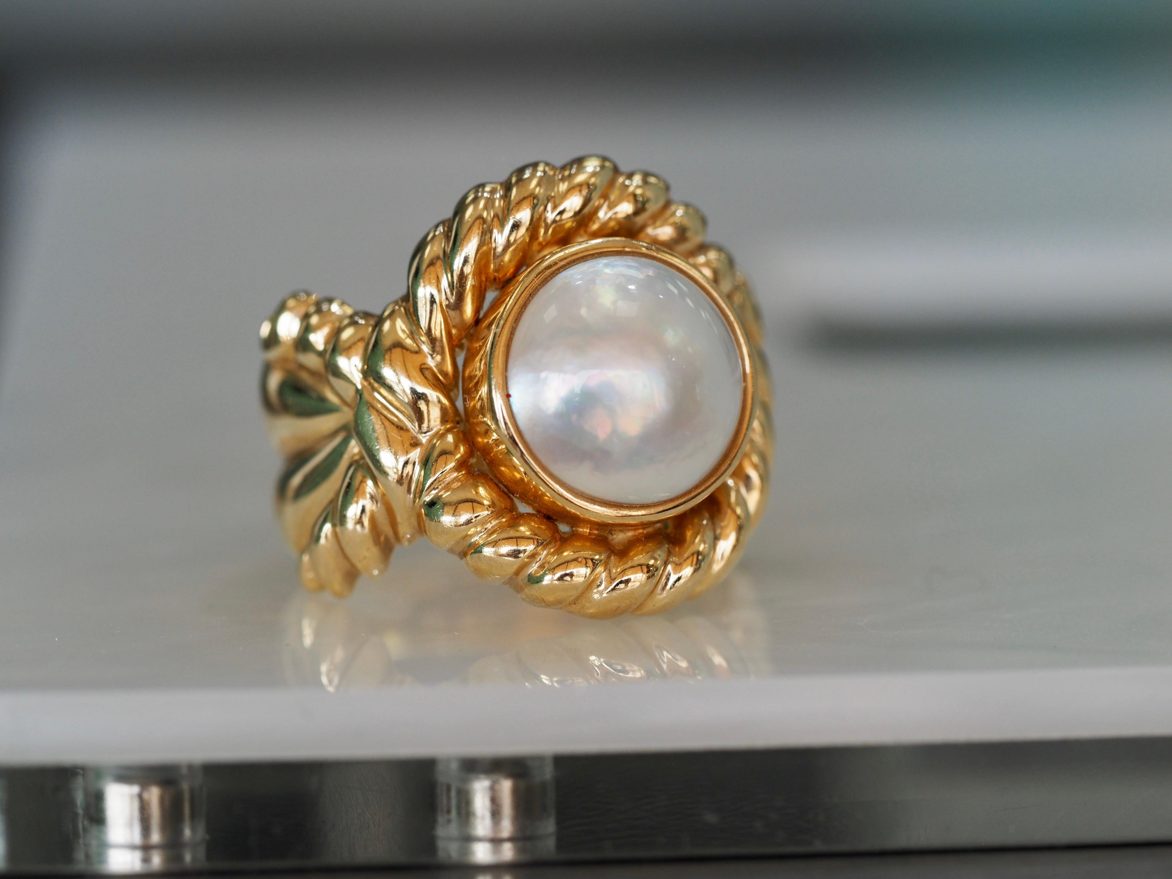 Anillo vintage de cuerda de perlas Mabe en oro amarillo de 14 quilates en venta 2