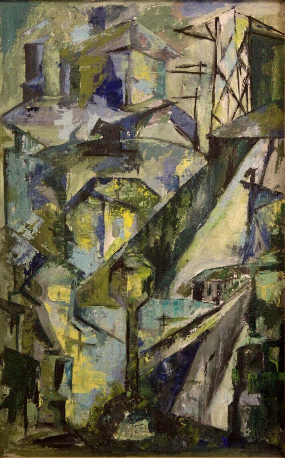 Le Shoppe Too in Michigan is a spectacular modern abstract oil painting in green, blue, and yellow signed by Michigan artist Mable Moss. Framed and in good condition. Painting is stamped on verso 