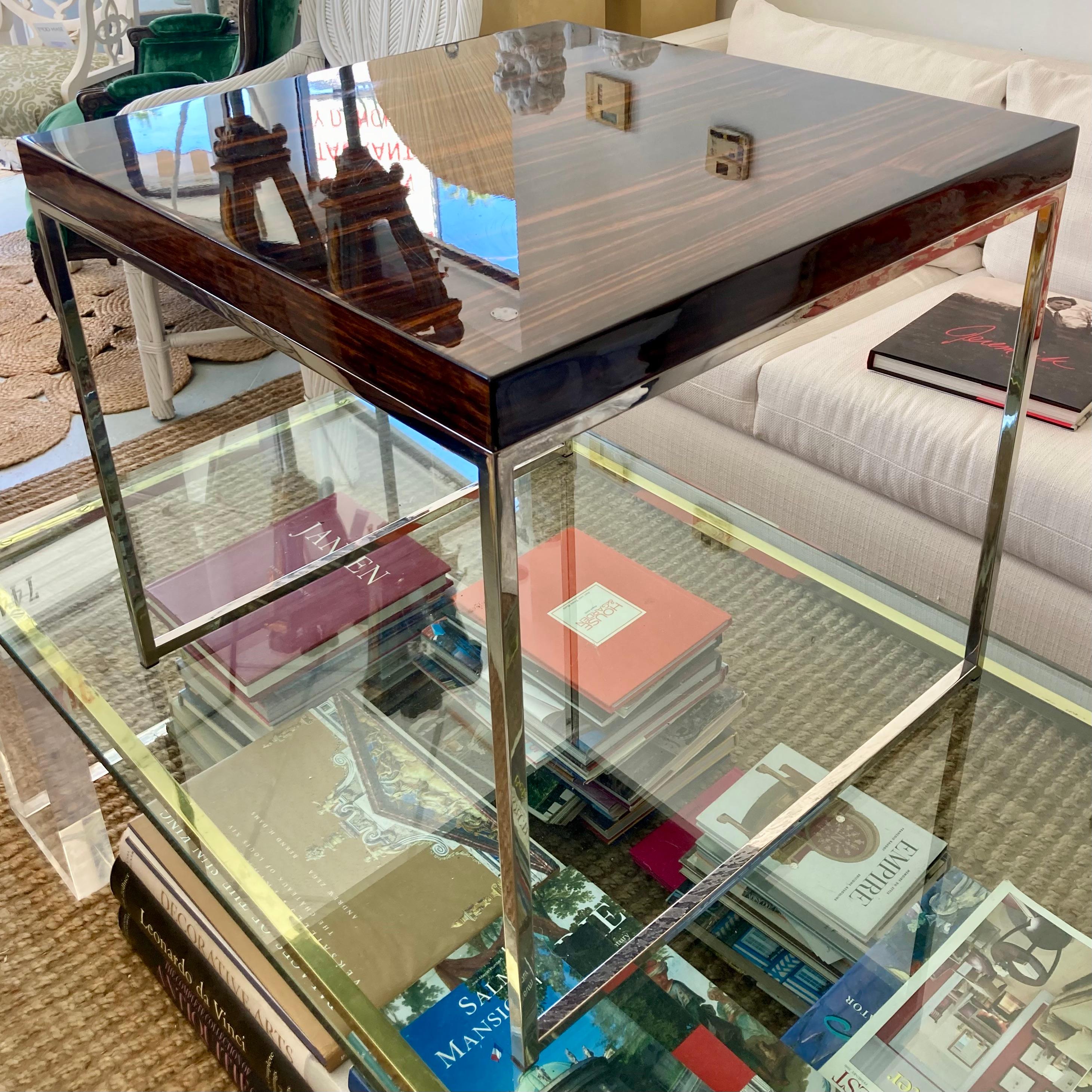 Vintage Macassar Ebony Side Table With Chrome Base In Good Condition For Sale In Los Angeles, CA