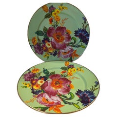 Vintage MacKenzie-Childs Green Enamelware Floral Plates/Chargers ~ 12” (Pair)