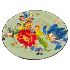 Vintage MacKenzie-Childs Green Enamelware Flower Platter / Serveware 16”