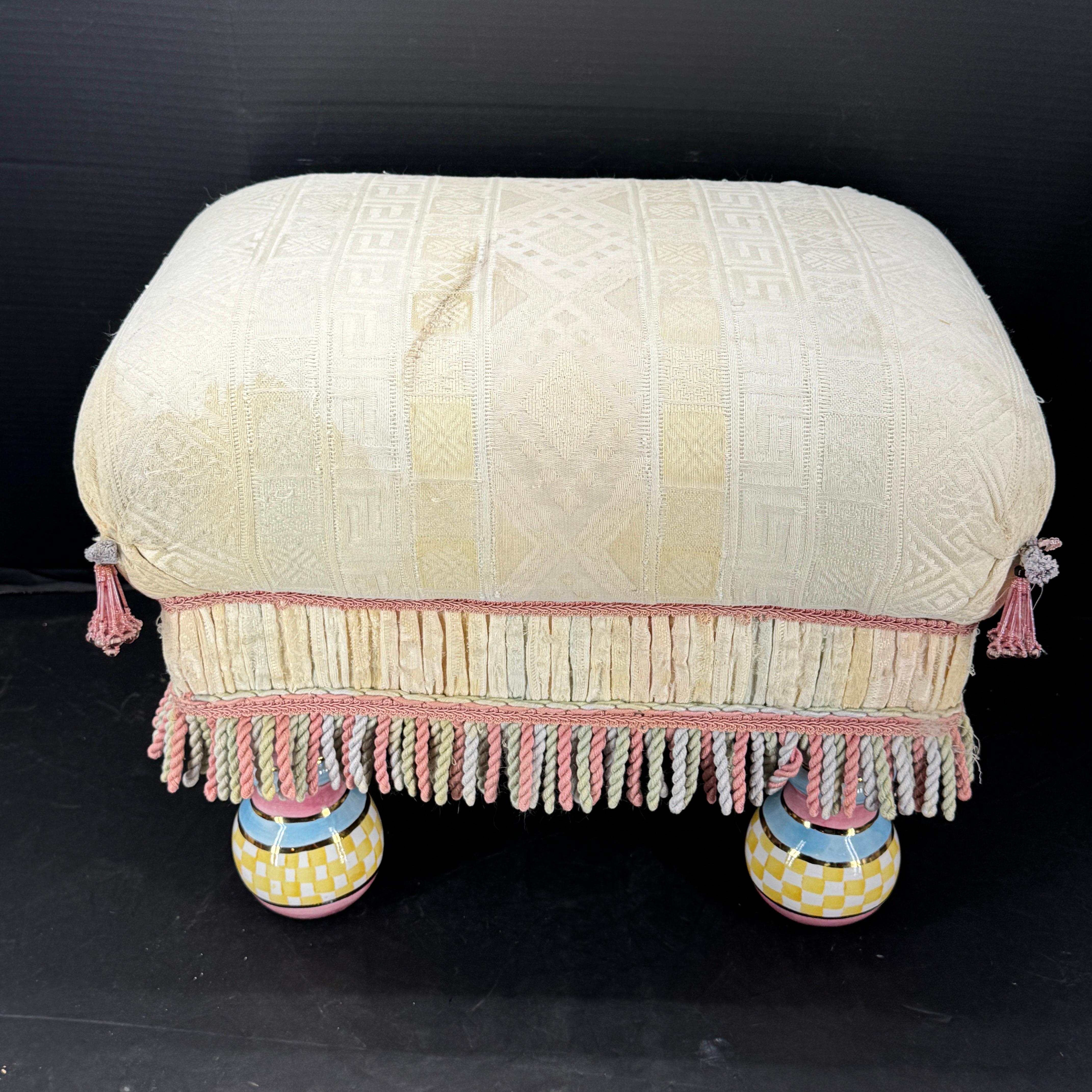 American Classical Vintage Mackenzie Childs Tufted Upholstered Footstool
