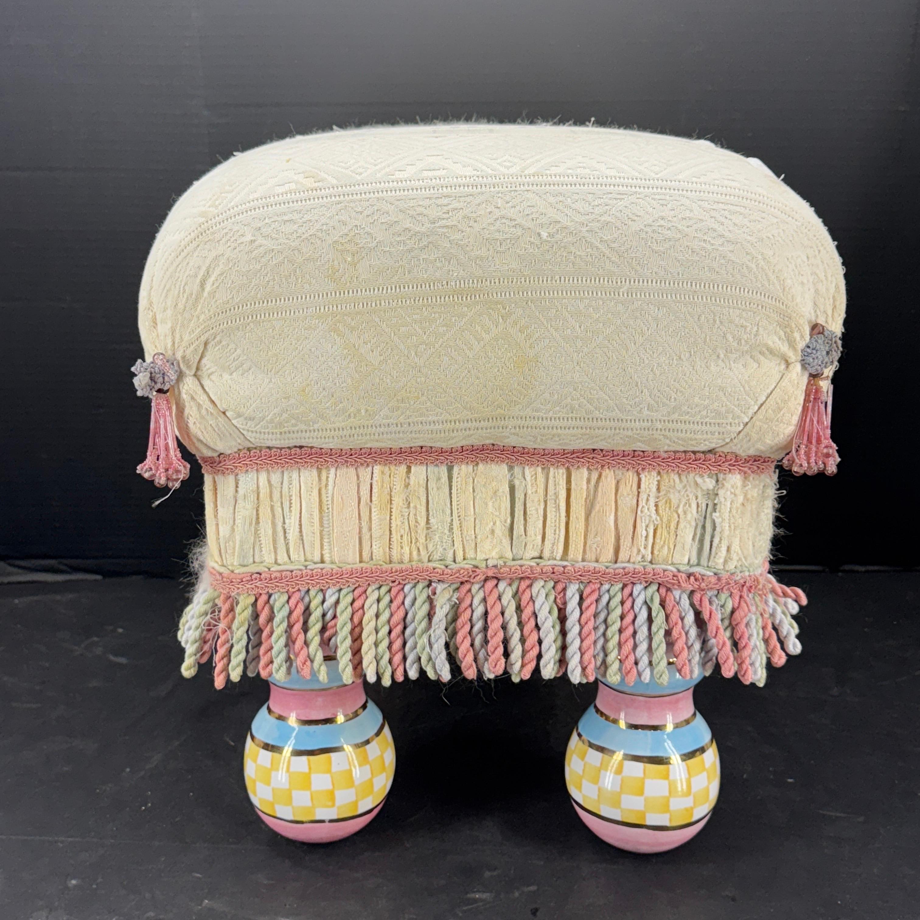 20th Century Vintage Mackenzie Childs Tufted Upholstered Footstool
