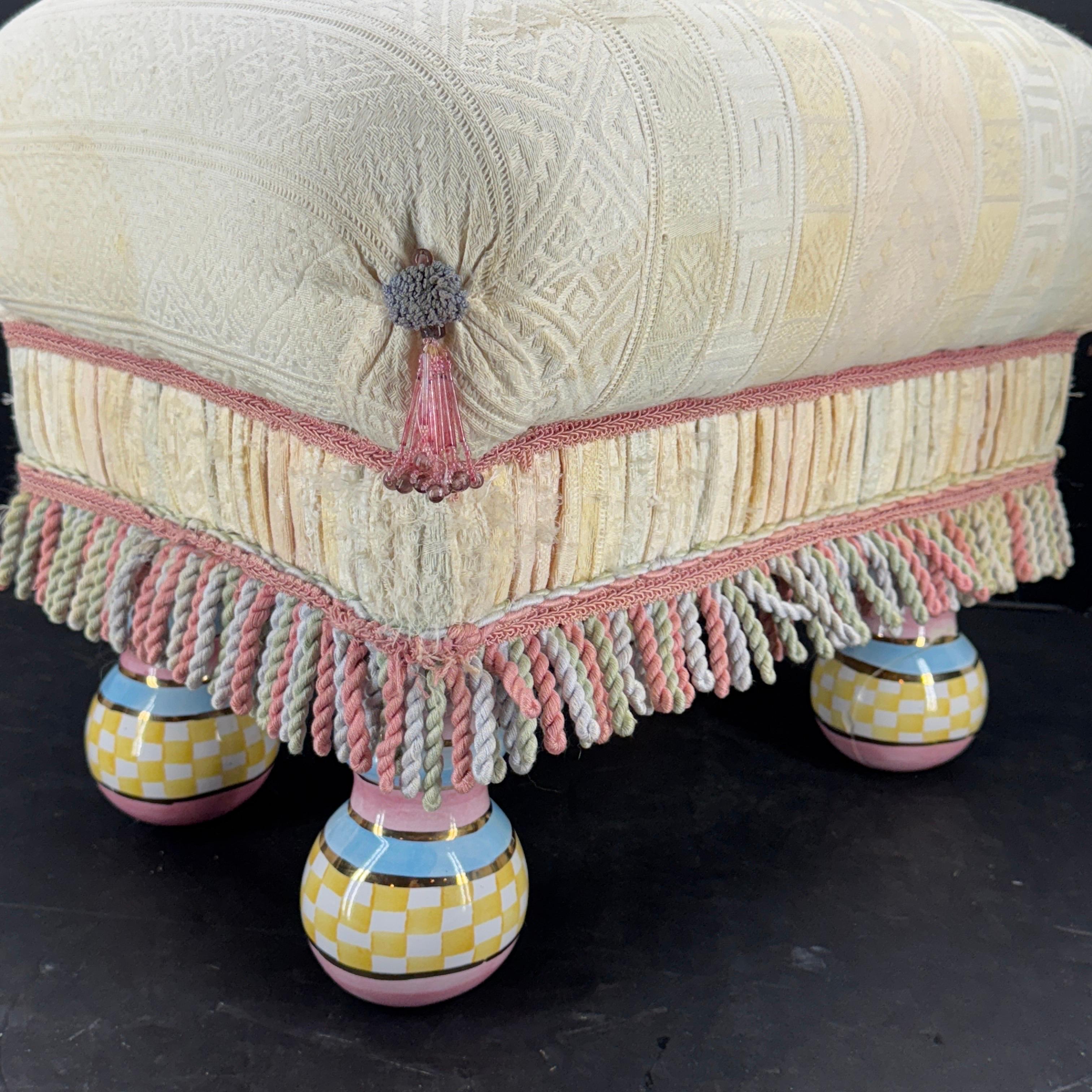 Ceramic Vintage Mackenzie Childs Tufted Upholstered Footstool