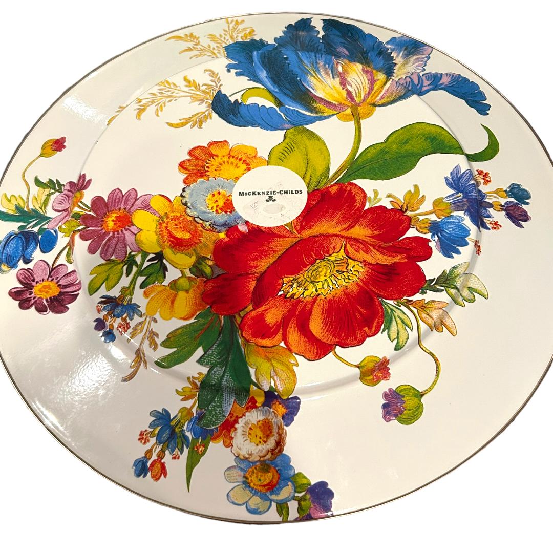 Hand-Crafted Vintage MacKenzie-Childs White Enamelware Flower Market Server / Platter ~ 16” 