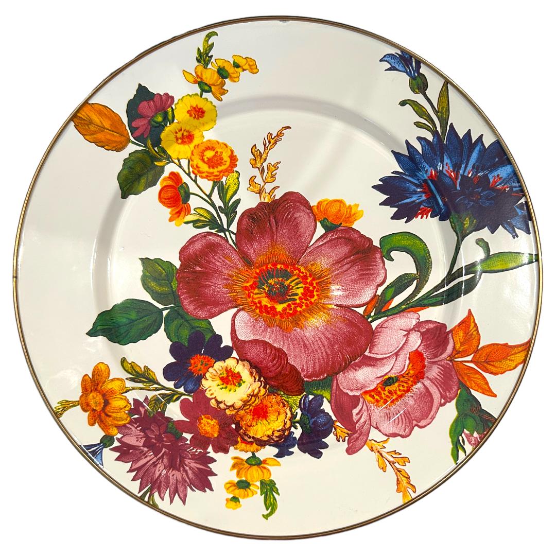 These beautiful garden fresh design on white is color-glazed and has hand decorated enamelware with floral transfers on both sides.  Made of heavy-gauge, hand-glazed steel underbody embellished with hand applied floral transfers, rimmed in bronze
