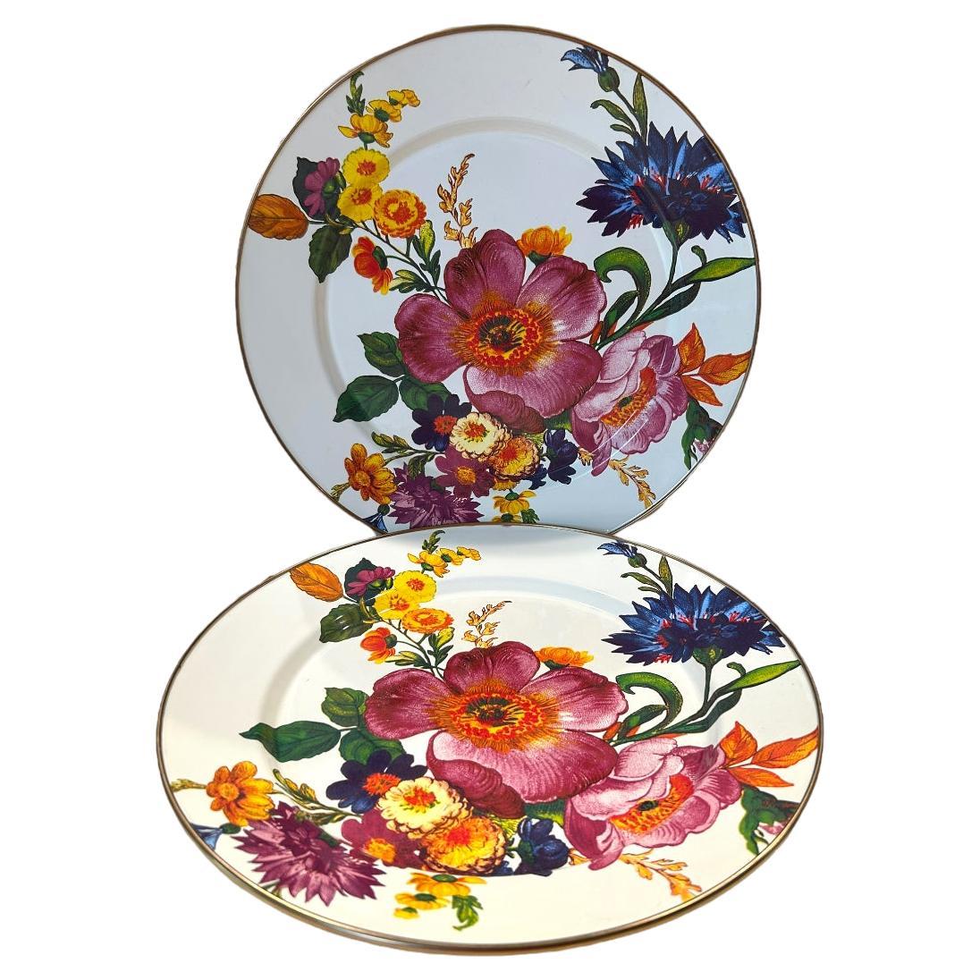 Vintage MacKenzie-Childs White Floral Market Plates / Chargers ~ 12” (Pair) For Sale