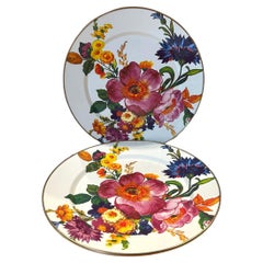 Vintage MacKenzie-Childs White Floral Market Plates / Chargers ~ 12” (Pair)