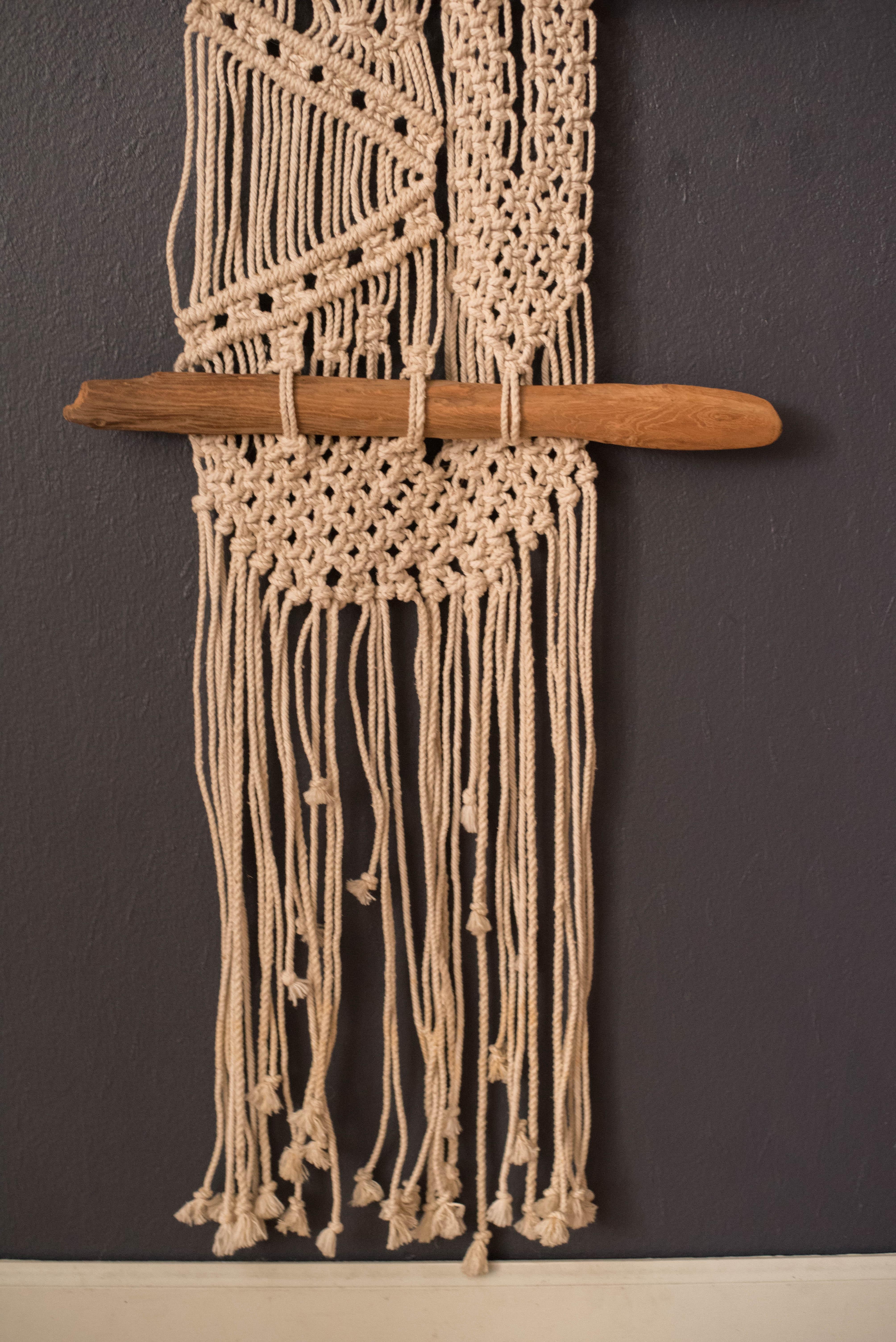 Late 20th Century Vintage Macramé Driftwood Fiber Art Wall Hanging Tapestry For Sale