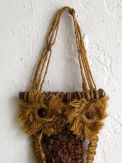 Vintage Macramé Fiber Art Figural Owl Wall Sculpture Hanging Hippie Art