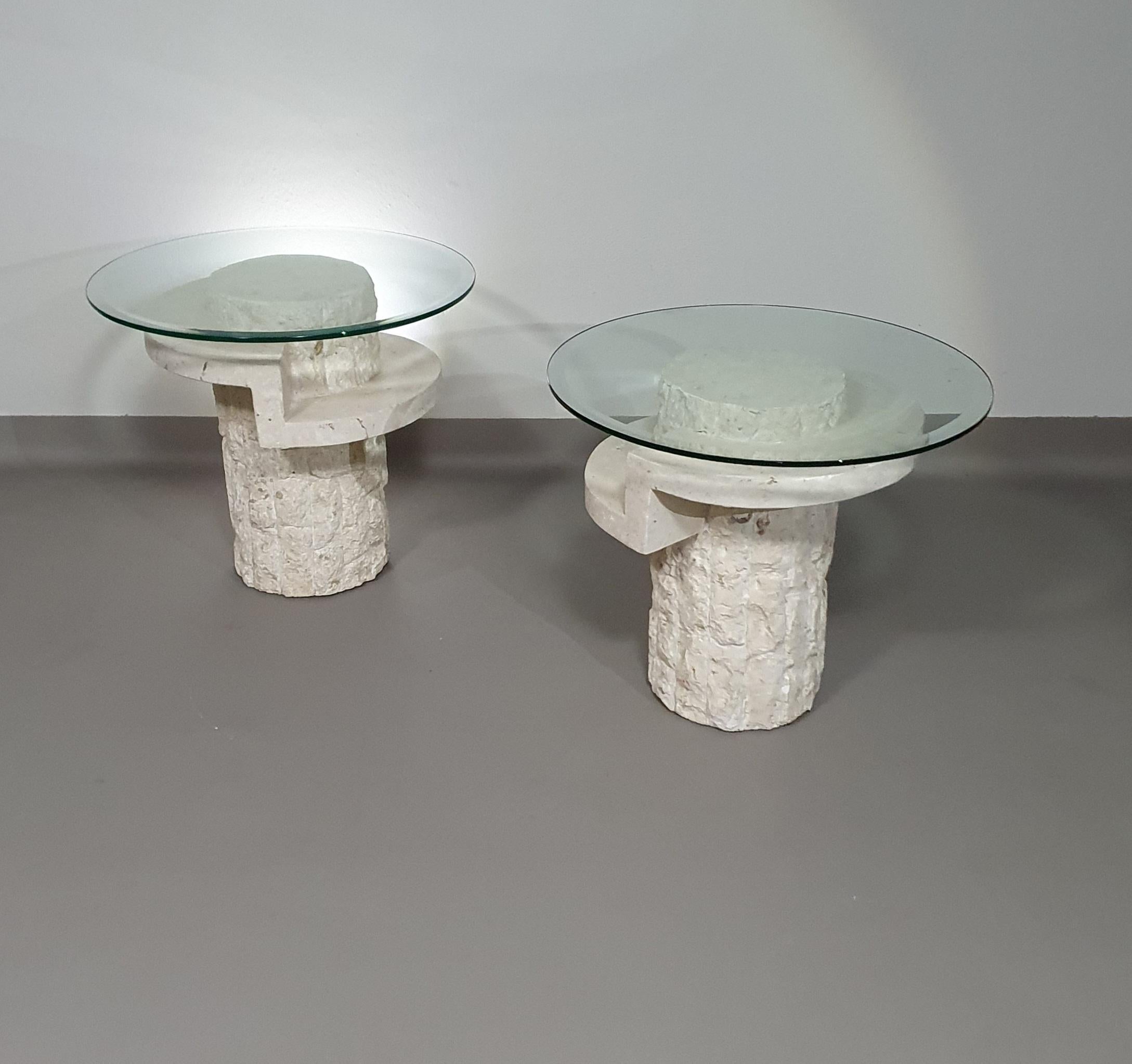 Vintage Mactan stone side tables with the original, faceted glass tops by Magnussen Ponte, 1980
Mactan or Fossil Stone fosil stone side / coffee  tables by Magnussen Ponte, 1980s

Height 52 cm

Depth glass top 60 cm